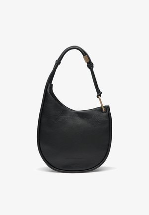 Black leather shoulder bag with a curved silhouette, smooth texture, and a secured handle featuring a gold-tone hardware accent.