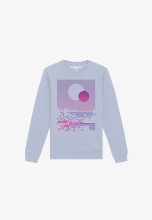 Sweatshirt violet clair avec un design graphique comportant des lignes horizontales, deux cercles et des formes angulaires dans des tons de rose et de violet.