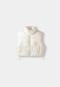 Off-white, padded, sleeveless vest with high collar, front zip, and two large side pockets; features elastic cords at the bottom.