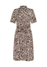 Brown button-up dress featuring a white abstract pattern, short sleeves, a tie belt at the waist, and a knee-length hem.