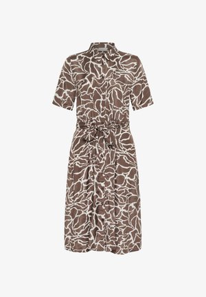 Barna, gombos ruha fehér absztrakt mintával, rövid ujjakkal, deréknál kötőszalaggal és térd alá érő szegéllyel.