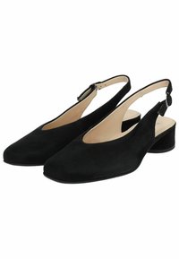 Des chaussures slingback en suède noir avec un bout pointu, une sangle ajustable et un petit talon. Doublure intérieure lisse et surface extérieure texturée.