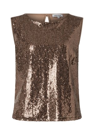 Top sans manches en sequins bronze avec encolure ronde et petit détail dos avec ouverture, étiquette More & More taille 36.