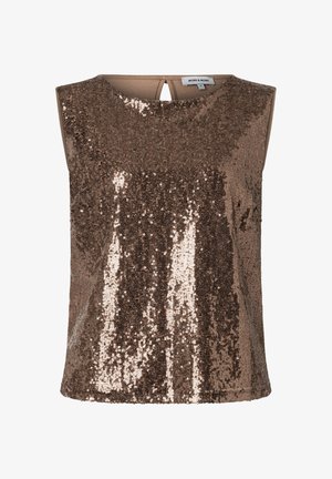Sleeveless bronze sequin top with round neckline and small back keyhole detail, labeled More & More size 36.