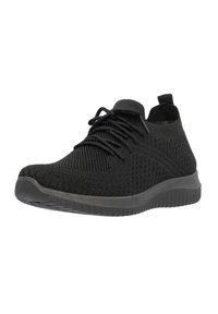 Zapatillas deportivas negras con parte superior de punto texturizado, diseño de cordones y suela de goma flexible, con una pestaña en el talón para facilitar el calzado.