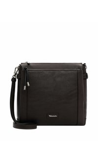 Borsa a tracolla in pelle marrone scuro, con una texture liscia, chiusura con zip e tracolla regolabile con accessori in argento e accentuazione del logo.
