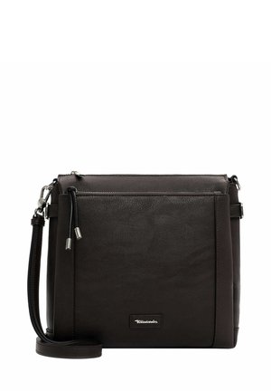 Borsa a tracolla in pelle marrone scuro, con una texture liscia, chiusura con zip e tracolla regolabile con accessori in argento e accentuazione del logo.