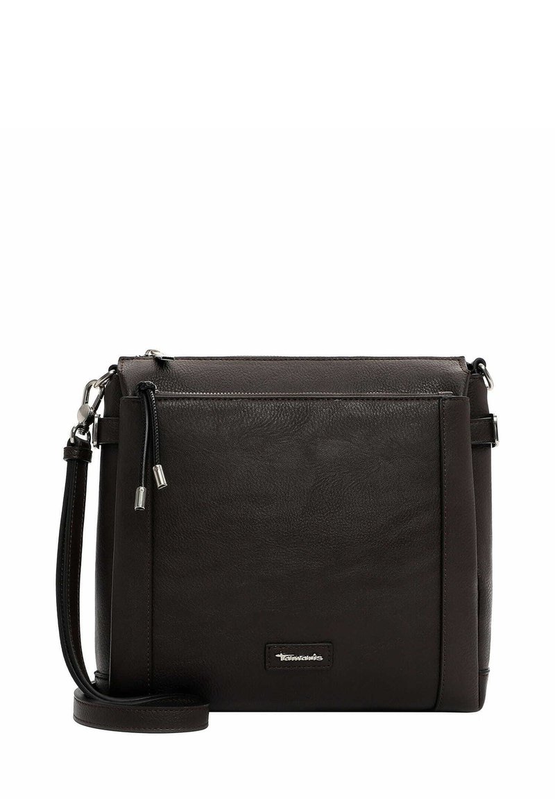 Borsa a tracolla in pelle marrone scuro, con una texture liscia, chiusura con zip e tracolla regolabile con accessori in argento e accentuazione del logo.