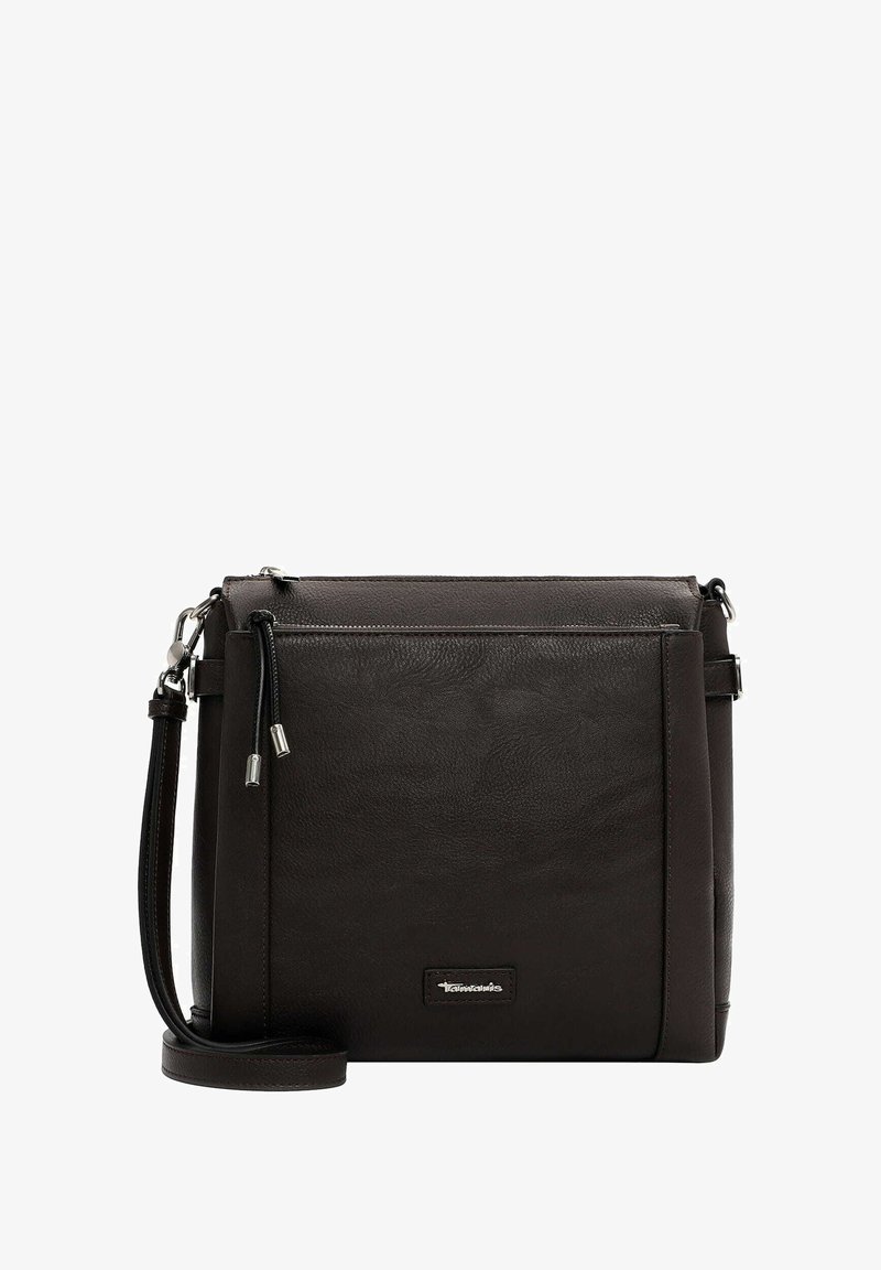 Borsa a tracolla in pelle marrone scuro, con una texture liscia, chiusura con zip e tracolla regolabile con accessori in argento e accentuazione del logo.