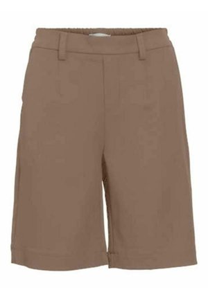 Brązowe spodenki o luźnym kroju, z elastycznym pasem, przednimi kieszeniami i prostym wykończeniem. Gładka tekstura bez wzorów czy dekoracyjnych akcentów.