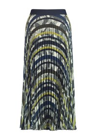 Pliseerattu hame, jossa on laivastonsininen vyötärönauha. Sisältää pyöreitä kuvioita harmaan, laivastonsinisen ja oliivinvihreän sävyissä. Valmistettu kevyestä kankaasta.