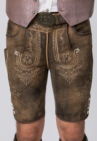 Brown leather shorts with intricate embroidery in silver thread, featuring decorative patterns, pockets, and a button closure on the side.