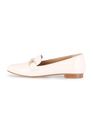Mocasines de cuero blanco con punta redonda, detalle decorativo de lazo y tacón de madera bajo. Diseño minimalista, textura suave y costuras sutiles.