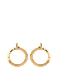 Złote kolczyki w kształcie kółek z fakturą tłoczoną i pewnym zapięciem, charakteryzujące się okrągłym kształtem i wypolerowanym wykończeniem dla uzyskania lustrzanego blasku.