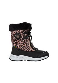 Sorte og lyserøde leopardmønstrede snestøvler med faux fur manchette, snørebånd og sort gummisål. Har en polstret overdel og et logo patch.