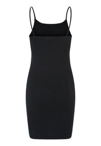 Robe moulante noire sans manches avec fines bretelles spaghetti et encolure droite, longueur genou, design simple.