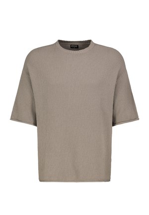 Beiger Strickpullover mit kurzen Ärmeln und lockerem Schnitt, gerippter Rundhalsausschnitt und strukturierter Stoff, dargestellt vor weißem Hintergrund.