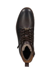Bota de cuero marrón hasta el tobillo con diseño de cordones, forro interior suave, costuras reforzadas y una pestaña en el talón para un fácil acceso.