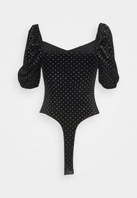 Svart sammet bodysuit med djup fyrkantig halsringning, uppblåsta ärmar och metalliska prickmönster, med en tangabackdesign.