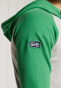 Grijze sweatshirt met groene capuchon. Zachte katoenmix stof. Bevat een blauwe label op de mouw met de tekst "Superdry" en "Sportgoederen".