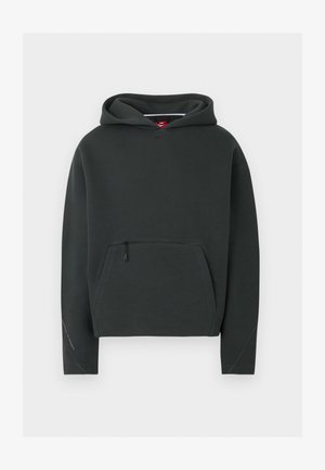 Schwarzer Nike-Hoodie mit vorderer Reißverschlusstasche, langen Ärmeln und Kapuze, dargestellt auf einem schlichten hellgrauen Hintergrund.