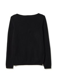 Maglione nero a maglia con maniche lunghe, scollatura rotonda e orlo a coste. Tessuto liscio senza motivi o decorazioni visibili.