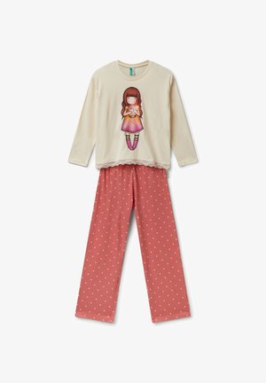 Maglietta a maniche lunghe beige chiaro con un design stampato di una bambola e bordo in pizzo, abbinata a pantaloni da pigiama con pois corallo. Tessuto in cotone morbido.