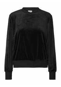 Felpa in velluto nero con scollatura a girocollo, maniche lunghe e polsini a costine. Texture morbida con una vestibilità comoda e design a tinta unita.