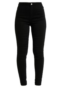 Jeans skinny negros de denim, con una cintura alta, ajuste slim, cierre con botón en la parte frontal y sin patrones ni adornos visibles.