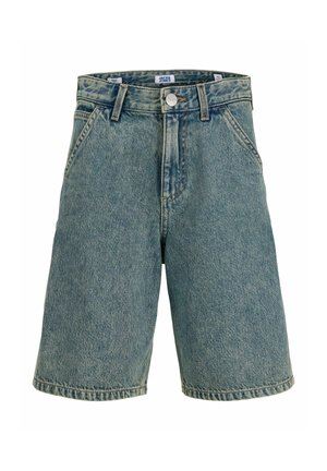 Srednje modri jeans hlačniki z gumbom spredaj, zankami za pas, stranskimi žepi in nekoliko ohlapnim krojem.