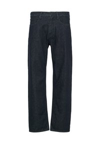 Donkerblauwe denim jeans met een ontspannen pasvorm. Voorzien van vijf zakken, een knopen sluiting en een licht vervaagd textuur op de stof.