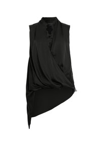 Svart ermeløs topp i lett satin, med en innpakningsdesign, asymmetrisk hem og gjennomsiktige blonder detaljer langs halslinjen.