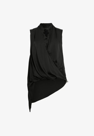 Černý bezramínkový top z lehkého saténu, se zavinovacím designem, asymetrickým lemem a průhlednými krajkovými akcenty podél výstřihu.