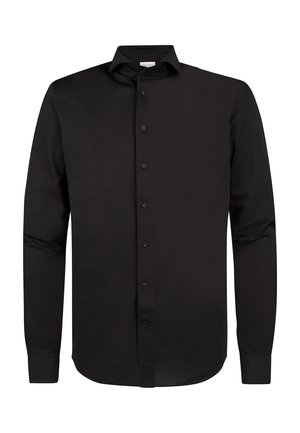Czarna koszula z długim rękawem wykonana z gładkiego materiału; posiada stójkę, pełne zapięcie na guziki i mankiety na guziki. Prosty i klasyczny design.