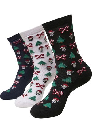 Drei Paar festliche Socken: navy, weiß und schwarz. Jede mit bunten Drucken von Weihnachtsmann-Gesichtern, Weihnachtsbäumen und Zuckerstangen.
