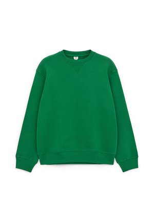 Green sweatshirt made of soft material, featuring a round neckline, long sleeves, and a relaxed fit with ribbed cuffs and hem.