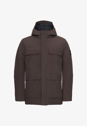 Braune wasserdichte Jacke mit Kapuze, ausgestattet mit vier großen Fronttaschen und einer strukturierten Oberfläche. Schlichtes, gerades Schnittdesign.