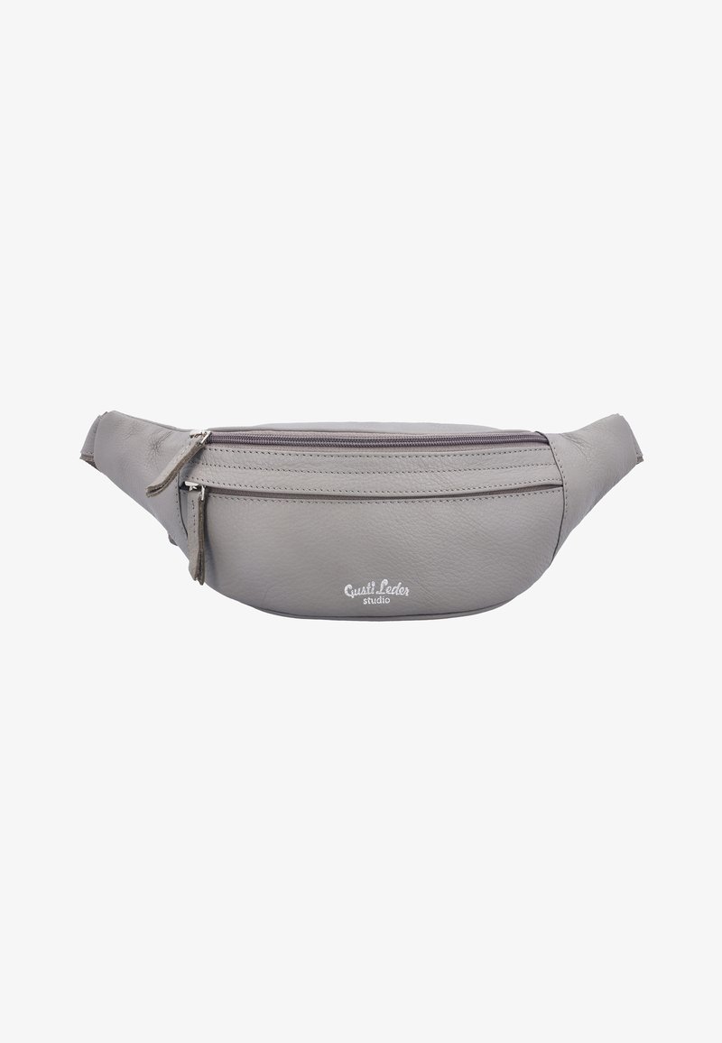 Gray leather fanny pack with two zippered compartments and logo detail; soft texture, curved shape, and adjustable strap.