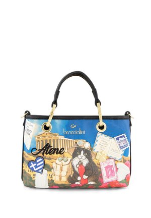 Borsa blu con manici neri che presenta un gatto con cappello, monumenti greci, toppe a tema viaggio e la parola "Athens" sul davanti.
