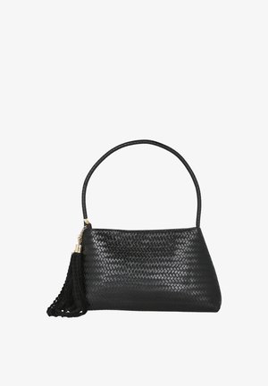 Bolso tejido negro con forma estructurada, con un único asa y un adorno de borla. Hecho de material texturizado, diseño elegante.