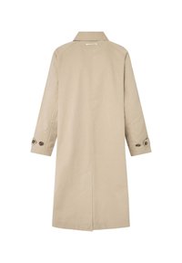 Béžový trenčkot se rovnými liniemi, dlouhými rukávy, dvěma knoflíky na manžetách a límcem. Hladká tkanina s minimalistickým designem.