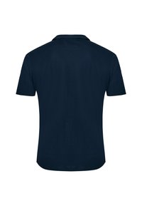 Mörkblå polo skjorta med korta ärmar, en standardkrage och en mjuk textur. Baksidan har en enkel, sömlös design.