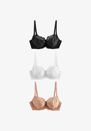 Kolm rinnahoidjat on vertikaalselt näidatud: must pitsäärisega, valge pitsdetailidega ja helesinine pitsiga. Kõigil on reguleeritavad rihmad.