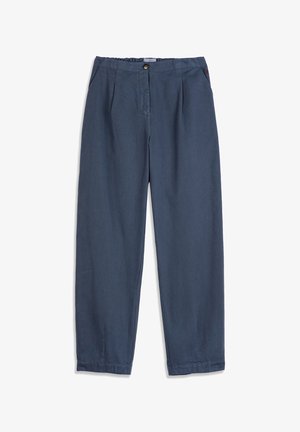 Pantaloni a gamba dritta blu navy con fascia elastica in vita, chiusura con bottone, tasche laterali e pieghe frontali su sfondo bianco.