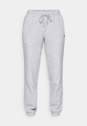 Light gray sweatpants with an elastic waistband and drawstring, cuffed ankles, and a small logo on the left thigh. Made from soft fabric.