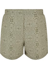 Herre shorts i et lysegrønt stoff med et symmetrisk, intrikat mønster. Elastisk midje for komfort, med en jevn tekstur.