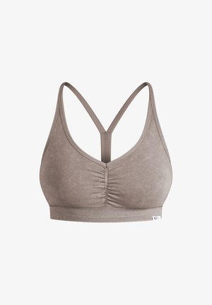 Bralette in tessuto morbido e marrone con una parte anteriore arricciata, ampia fascia e spalline incrociate sul retro. Design semplice e senza cuciture con una texture liscia.