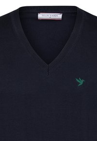 Tumedat sinine V-kaelusega sviiter, mis on valmistatud kootud kangast. Sellel on soonikuga kaelus ja roheline kolibri logo vasakul küljel.