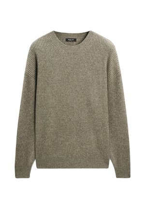 Light olive green ribbed knit sweater with a crew neckline, dropped shoulders, and long sleeves, featuring soft, textured fabric.