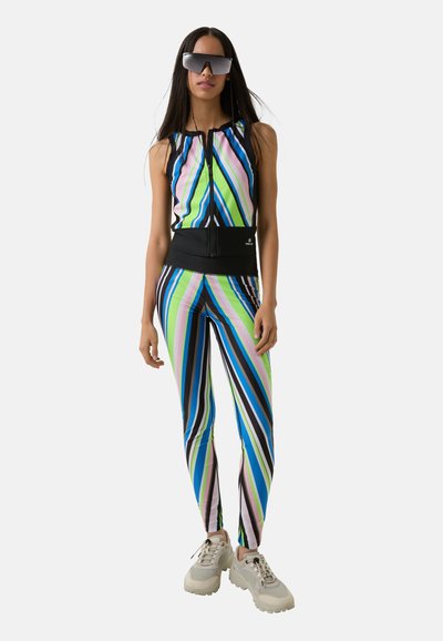 Colorful striped activewear set featuring a sleeveless top and fitted leggings in shades of green, blue, pink, and black, with a zip closure.